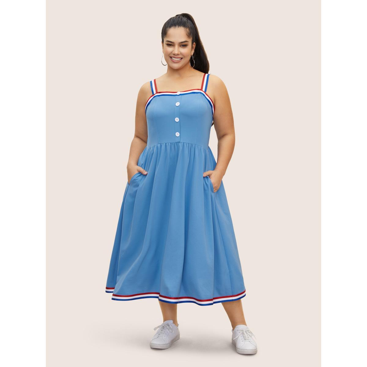Plus Size Contrast Webbing Button Detail Midi Dress Skyblue Women Casual Gathered Non Sleeveless Curvy BloomChic 18-20/2X Product Image