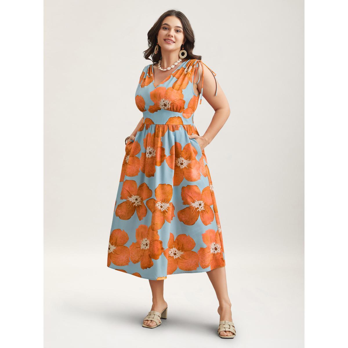 Plus Size Floral Print V-Neck Tied Midi Dress LightBlue Women Elegant Gathered V-neck Sleeveless Curvy BloomChic 14-16/1X Product Image
