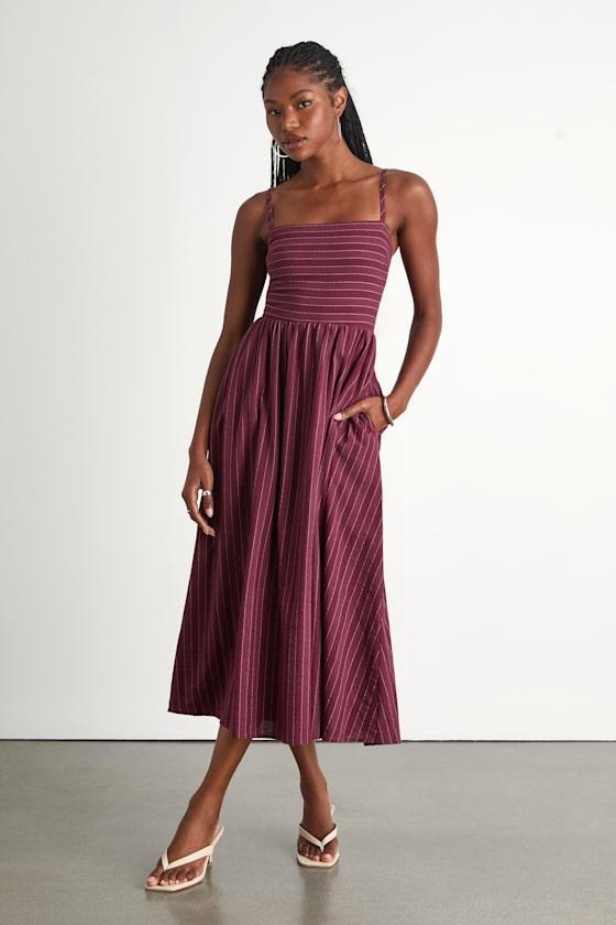 Feeling the Best Plum Striped Tie-Back Midi Dress with Pockets Product Image