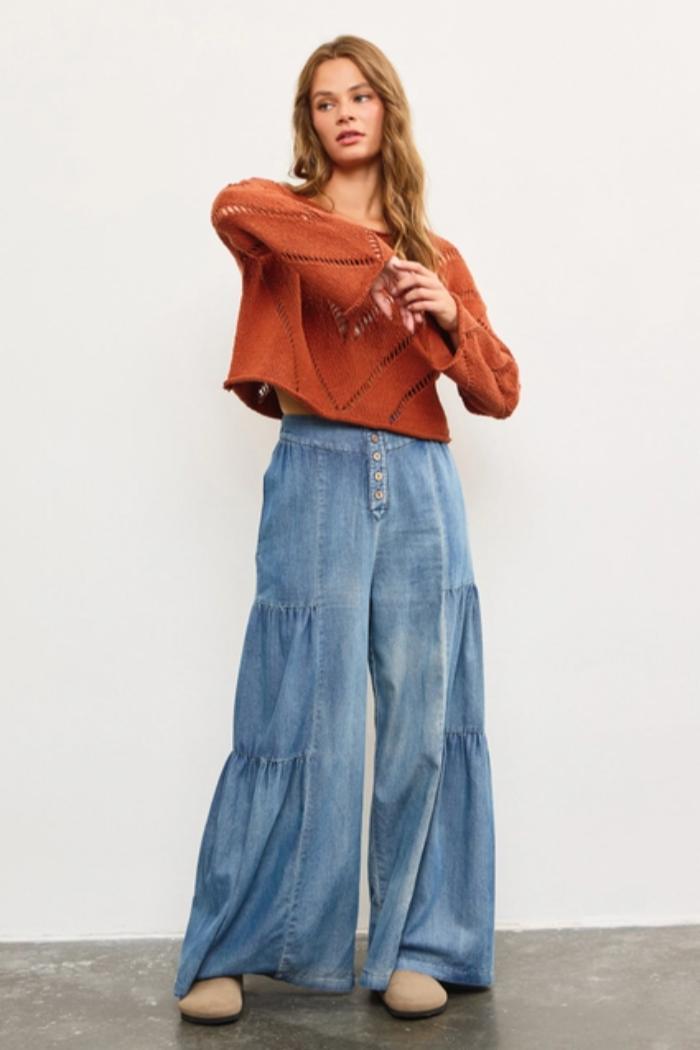 Button Front Tiered Wide Pants Product Image