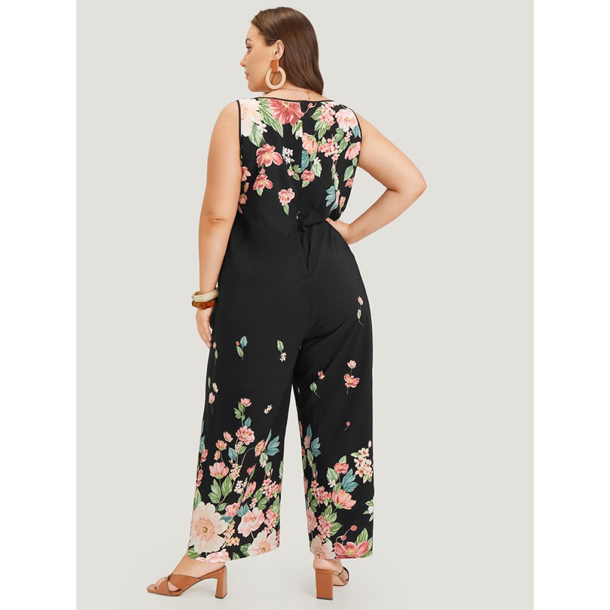 Plus Size Black Floral Square Neck Zip Back Pocket Jumpsuit Women Elegant Sleeveless Square Neck Dailywear Loose Jumpsuits BloomChic 30/6X Product Image