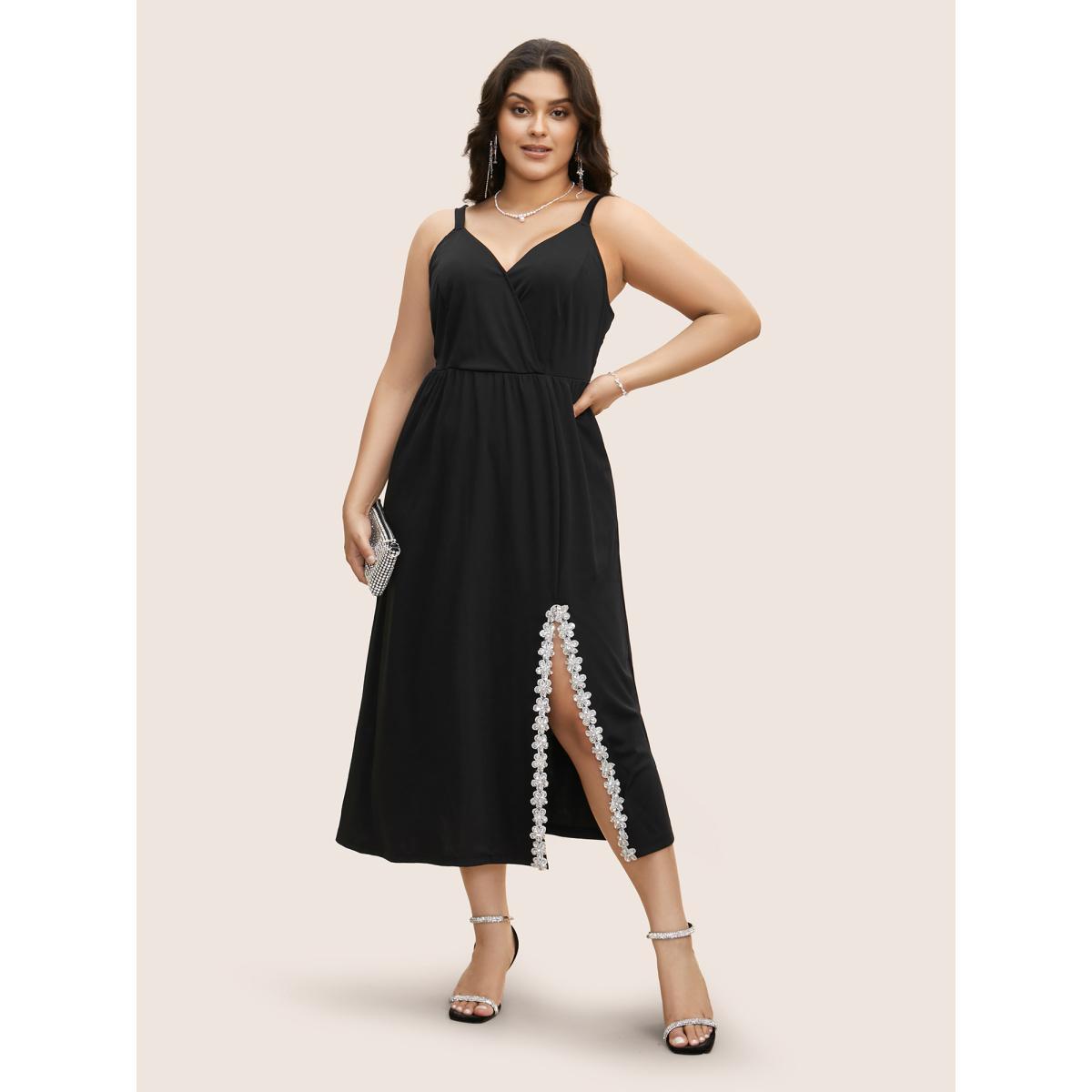 Plus Size Rhinestone Detail Floral Embroidered Split Front Dress Black Women Cocktail Rhinestone detailing V-neck Sleeveless Curvy BloomChic 14-16/1X Product Image