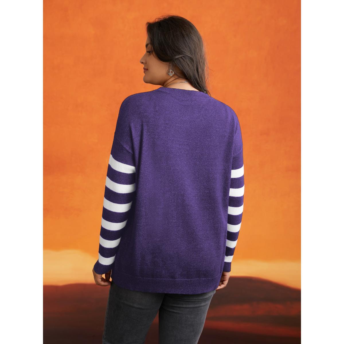 Plus Size Supersoft Essentials Gothic Skull Striped Sleeves Pullover Deeppurple Women Casual Loose Long Sleeve Round Neck Everyday Pullovers BloomChic 12/L Product Image