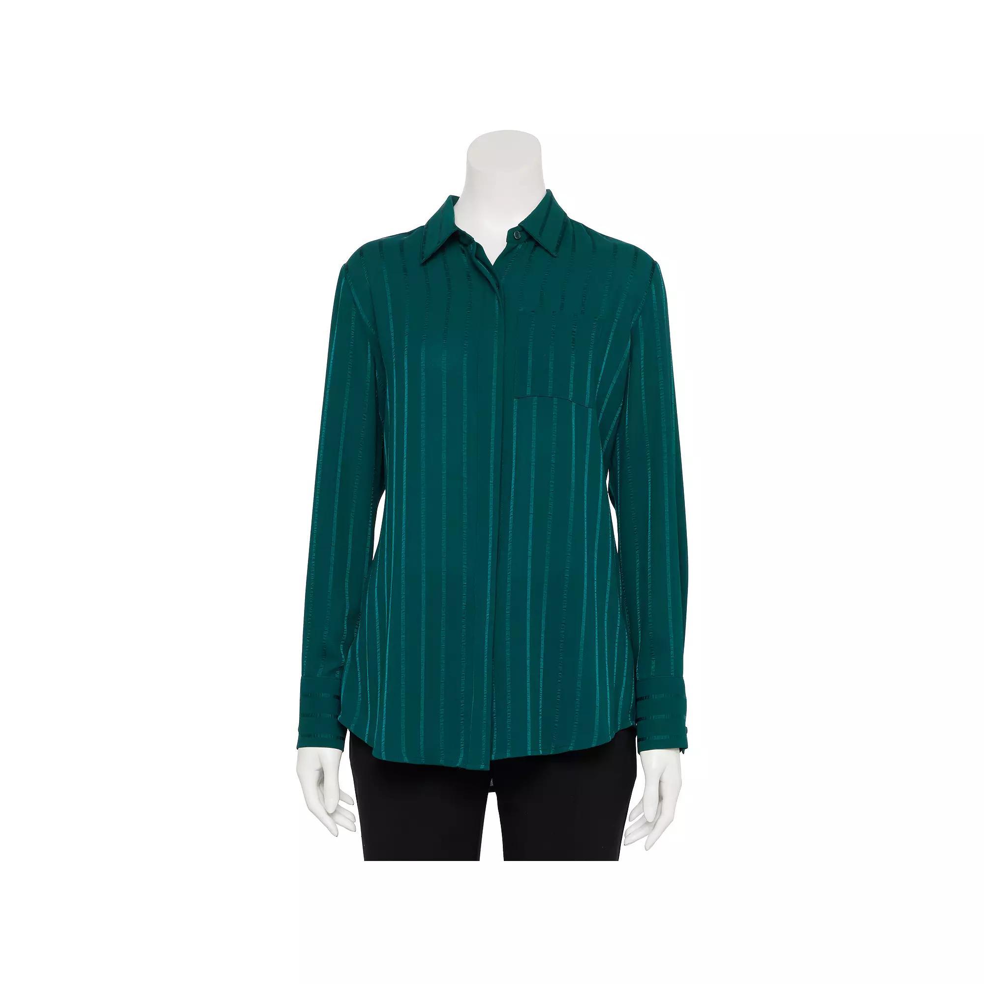 Women's Nine West Adaptive Drapey Satin Magnetic Closure Long Sleeve Shirt, Size: Medium, Brazilian Blue Product Image