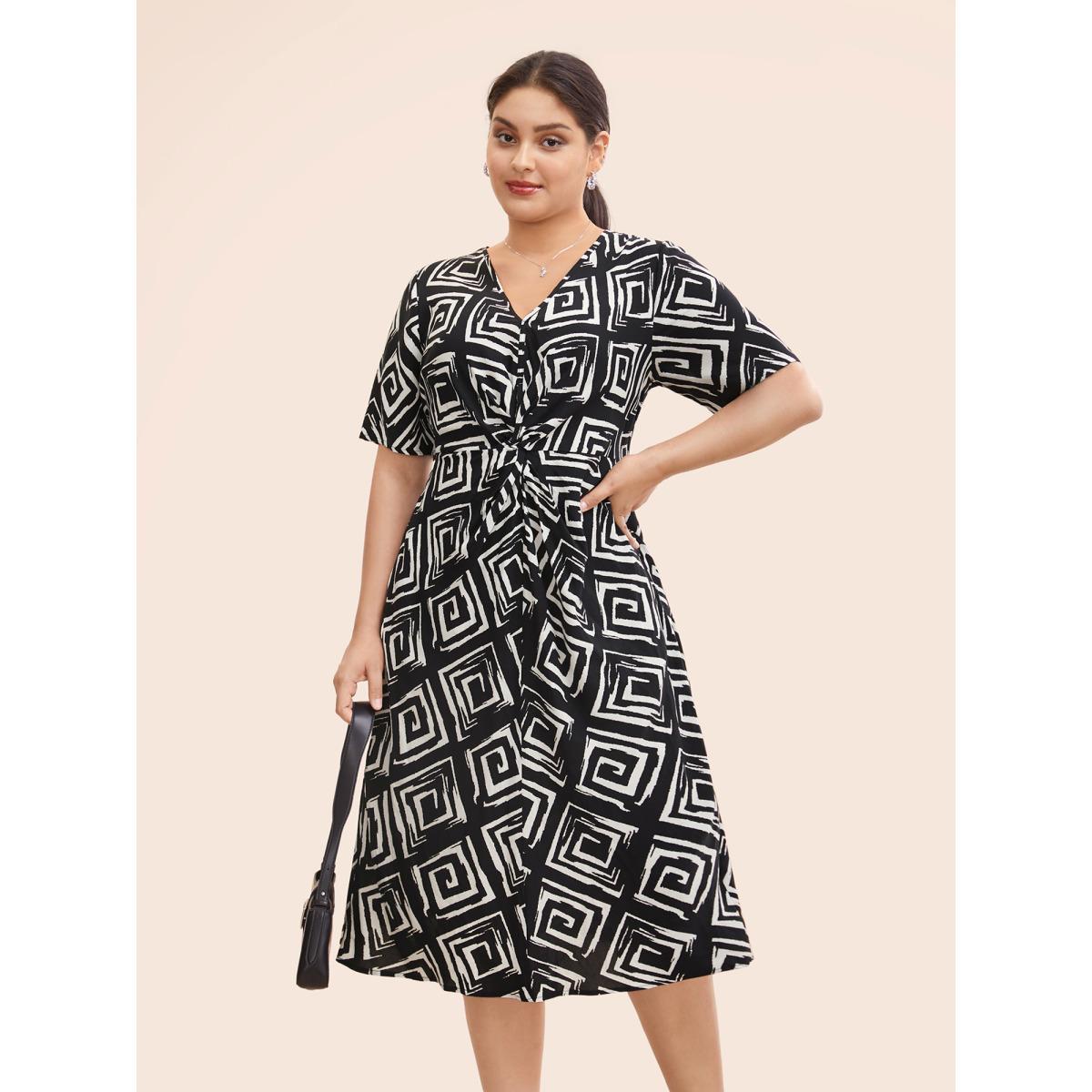 Plus Size Geometric Twist Front Midi Dress Black Women At the Office Twist V-neck Short sleeve Curvy BloomChic 22-24/3X Product Image