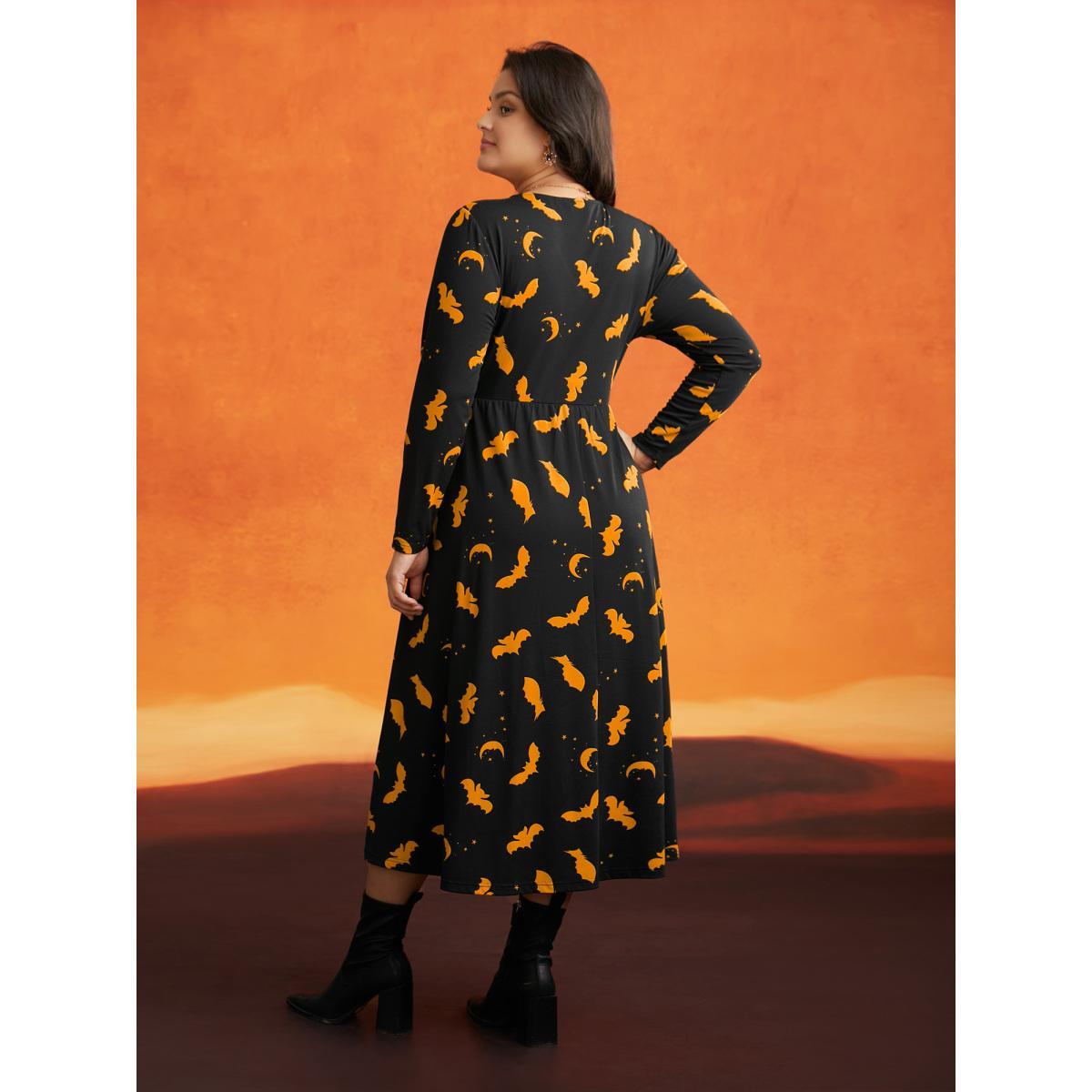 Plus Size Bat Printed Velvet Drawstring Midi Dress Brightorange Women Cocktail Wraparound straps Party Curvy Bloomchic 26/4X Product Image