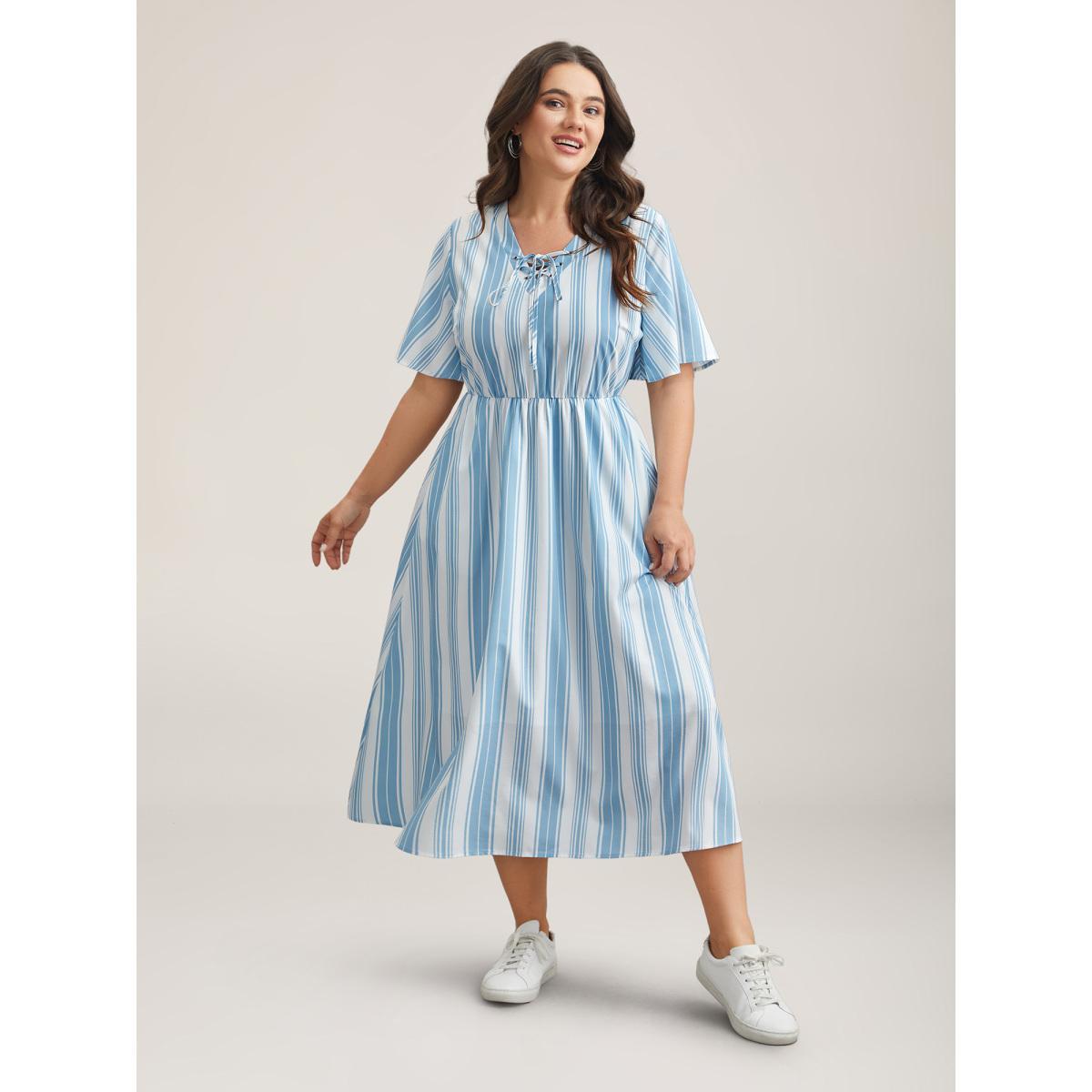 Plus Size Nautical Stripes Neck Tie Midi Dress Cerulean Women Casual Wraparound straps V-neck Half Sleeve Curvy BloomChic 30/6X Product Image