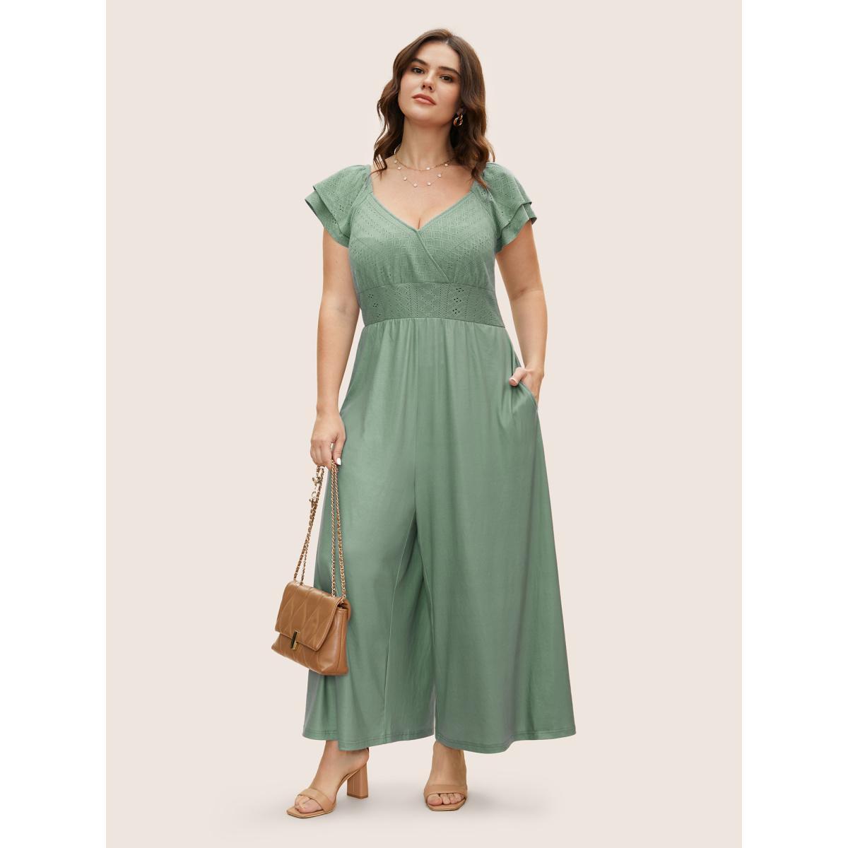 Plus Size Sage Eyelet Embroidery Tiered Ruffle Trim Jumpsuit Women Elegant Cap Sleeve Heart neckline Everyday Loose Jumpsuits BloomChic 12/L Product Image