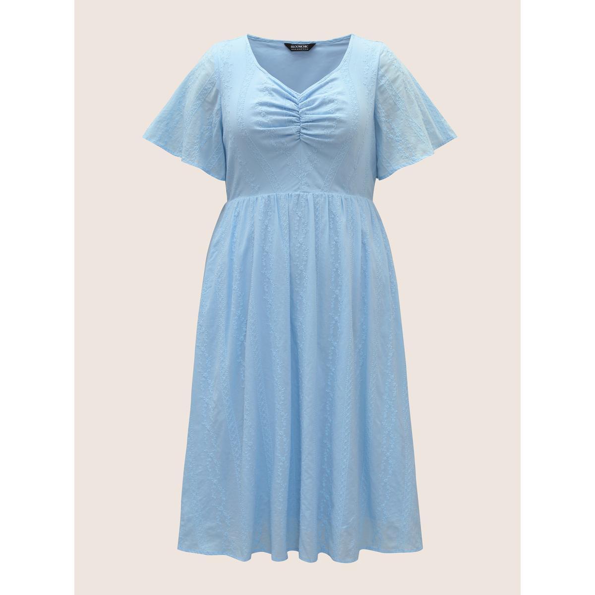Plus Size Floral Chain Embroidered Ruched Midi Dress LightBlue Women Elegant Heart neckline Short sleeve Curvy BloomChic 30/6X Product Image