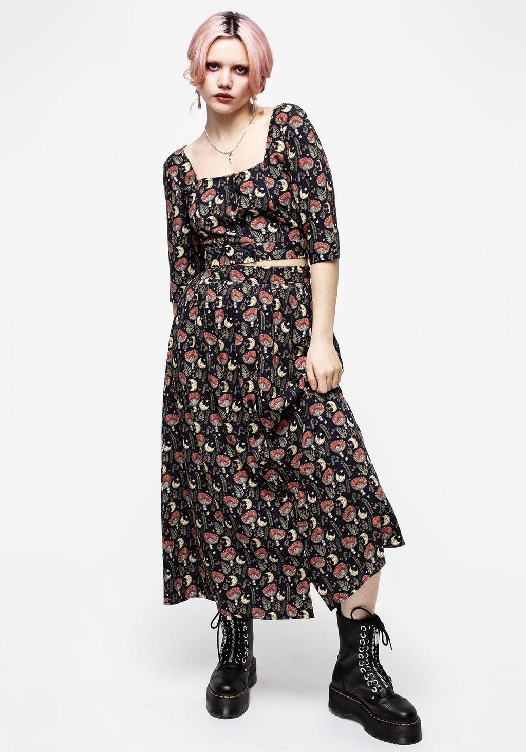 Dreamfast Mushroom Moon Print Button Up Midaxi Skirt Product Image