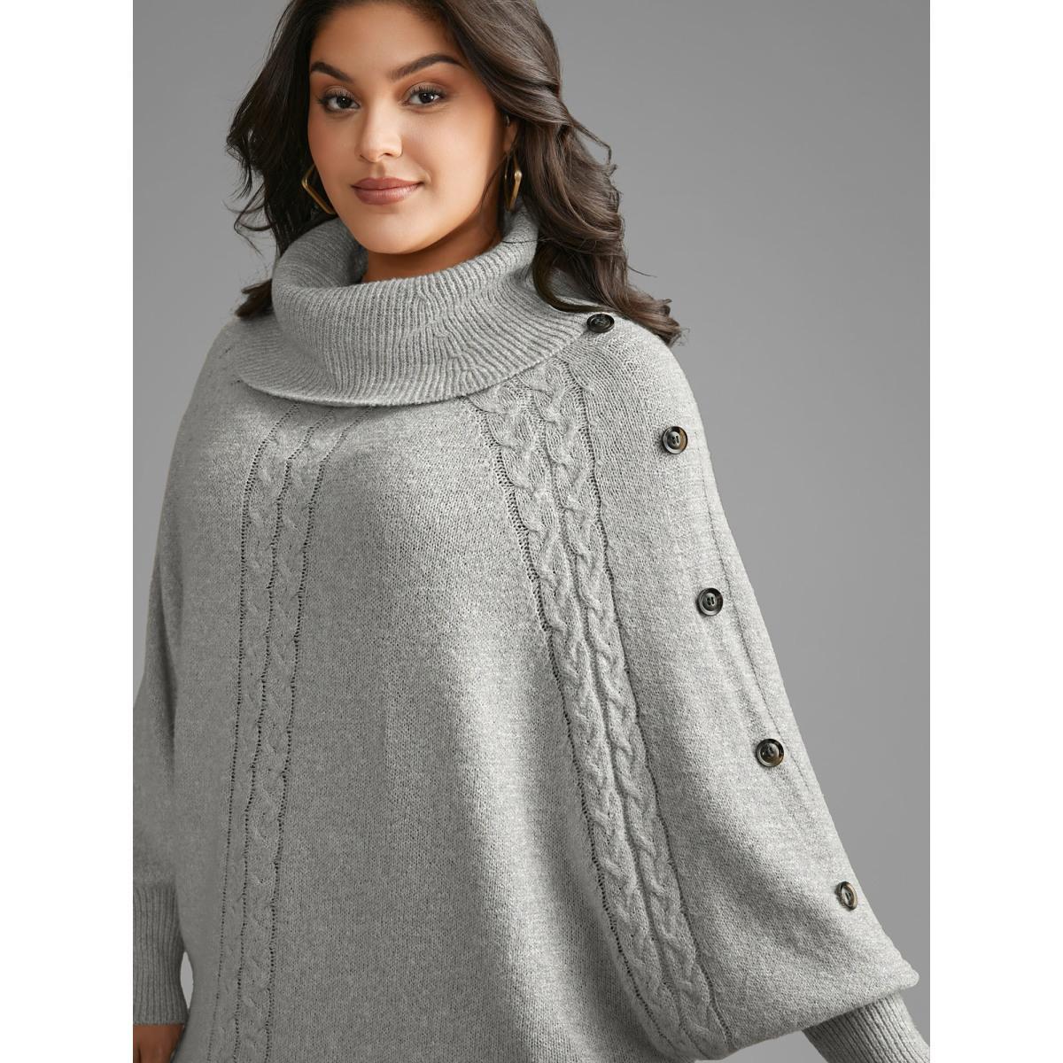 Plus Size Turtleneck Cable Knit Asymmetrical Hem Pullover LightGray Women Casual Loose Long Sleeve Ruffled collar Everyday Pullovers BloomChic 14-16/1X Product Image
