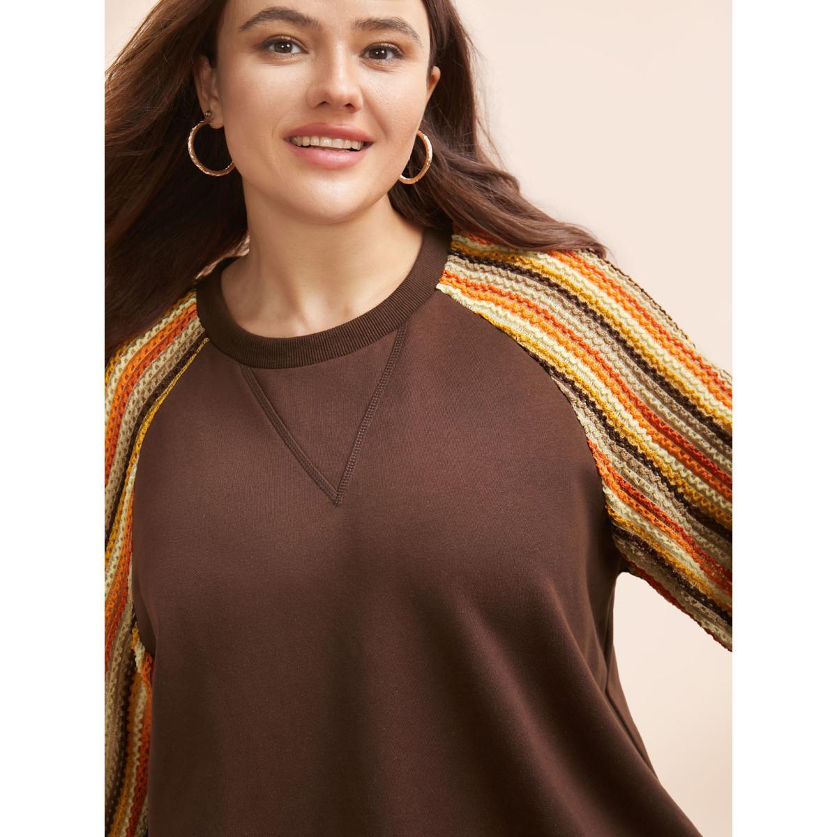 Plus Size Striped Textured Patchwork Raglan Sleeve Sweatshirt Women DarkBrown Casual Texture Round Neck Everyday Sweatshirts BloomChic 22-24/3X Product Image