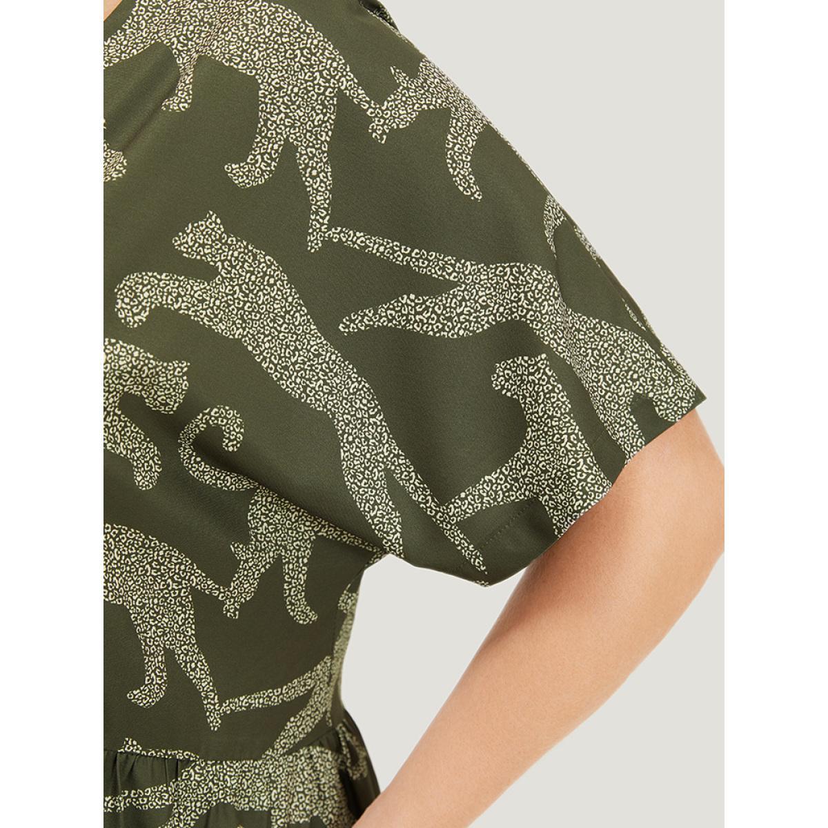Plus Size Animal Print Batwing Sleeve Flutter Pocket Button Up Dress ArmyGreen Women Vacation Button V-neck Short sleeve Curvy Knee Dress BloomChic 26/4X Product Image