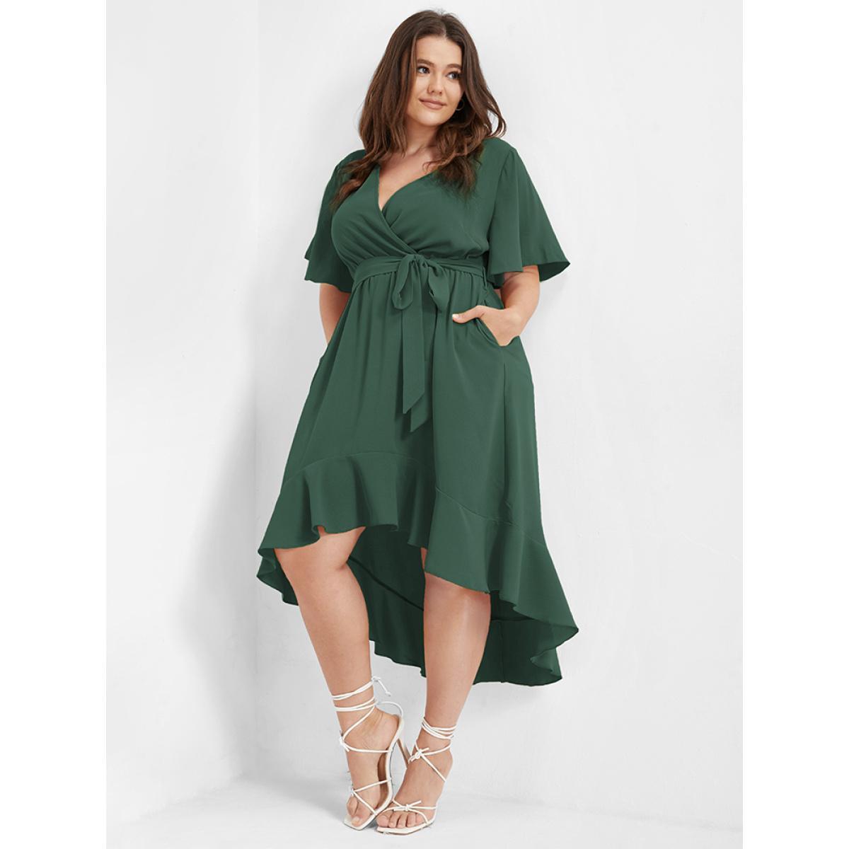 Plus Size Bloom Dress - Solid Tie Surplice Ruffle High Low Dress DarkGreen Women Elegant Cross straps V-neck Short sleeve Curvy Midi Dress BloomChic 28/5X Product Image