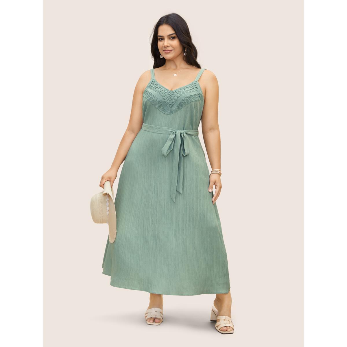 Plus Size Texture Lace Trim Belted Cami Dress Mint Women Resort Woven ribbon&lace trim V-neck Sleeveless Curvy BloomChic 28/5X Product Image