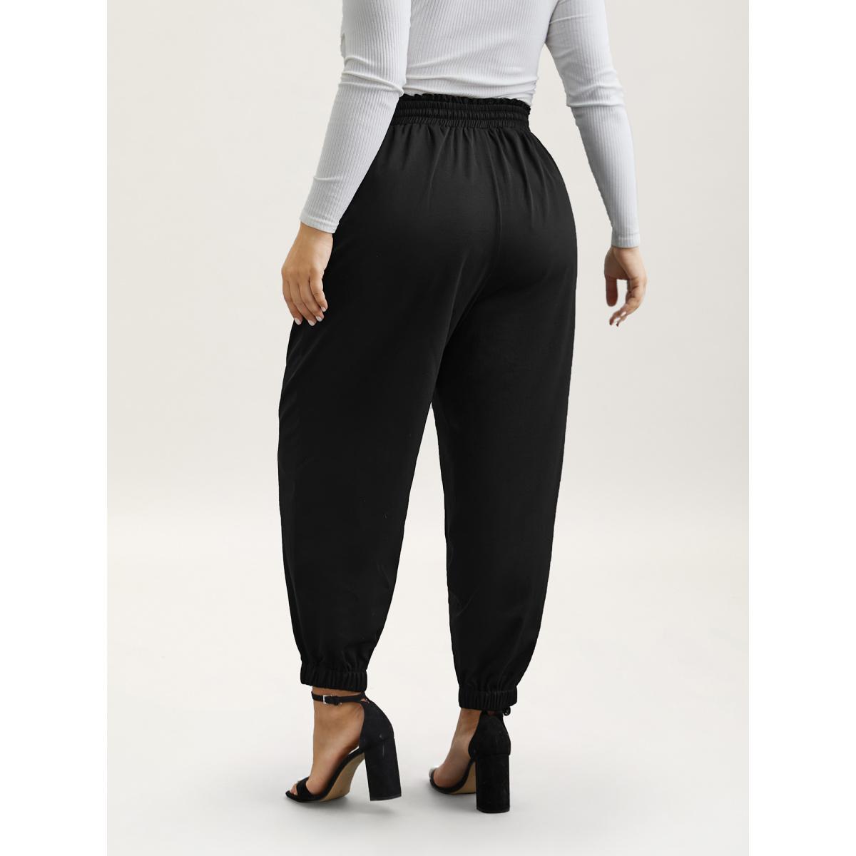 Plus Size Ruffled Waist Drawstring Tapered Pants Women Black Casual Mid Rise Everyday Pants BloomChic 14-16/1X Product Image