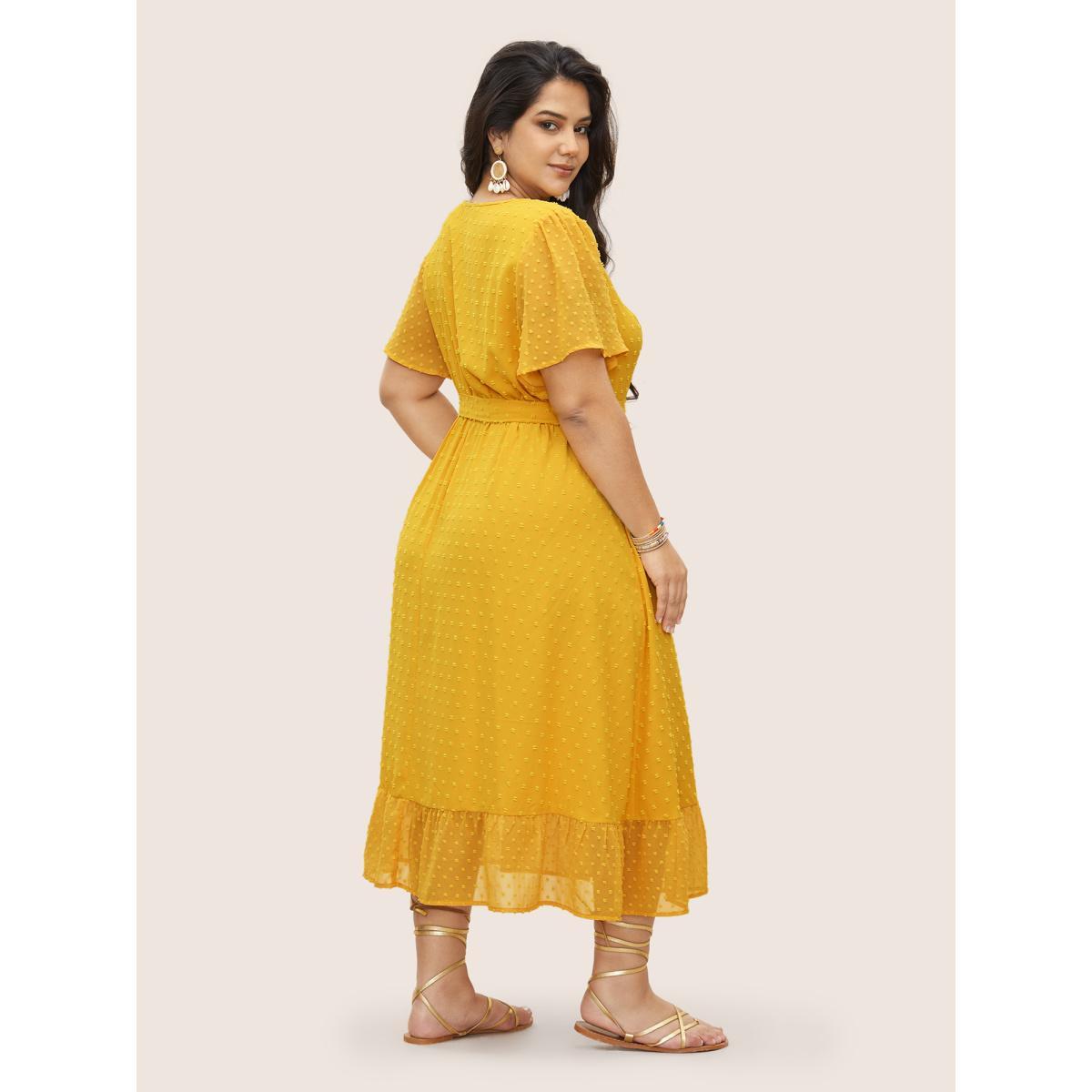 Plus Size Citrus Texture Ruffle Sleeve Button Detail Dress Yellow Women Elegant Texture V-neck Short sleeve Curvy Midi Dress BloomChic 18-20/2X Product Image