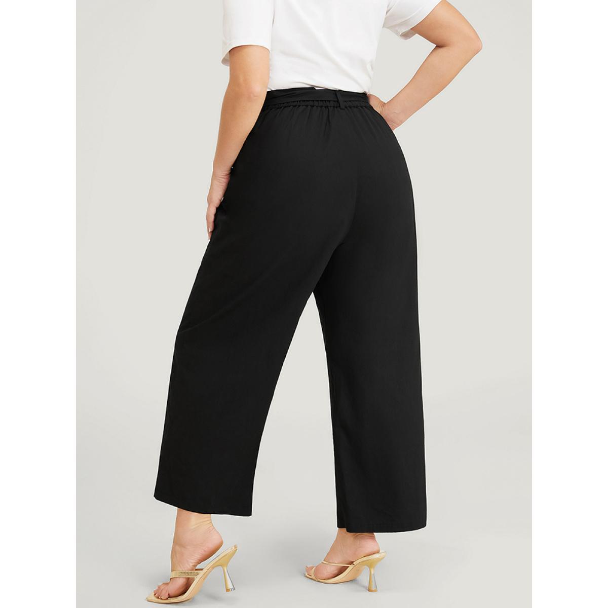 Plus Size Solid Pocket Eyelet Detail Buckle Belted Pants Women Black Office Wide Leg High Rise Dailywear Pants BloomChic 22-24/3X Product Image