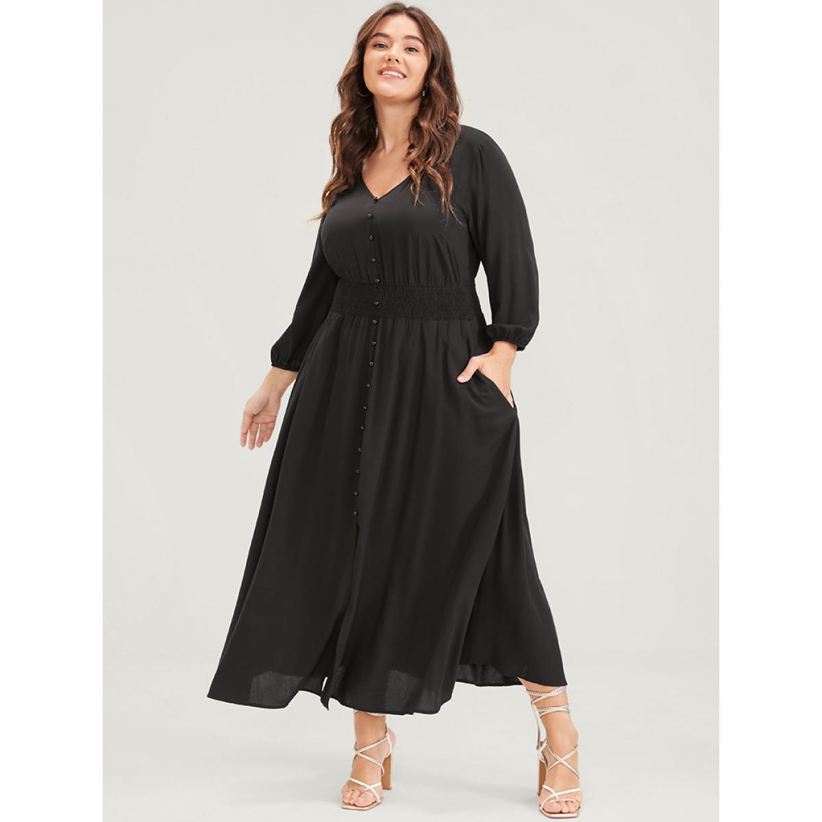 Plus Size Solid V Neck Lantern Sleeve Pocket Button Shirred Split Dress Black Women Elegant Elastic Waist V-neck Elbow-length sleeve Curvy Midi Dress BloomChic 14-16/1X Product Image