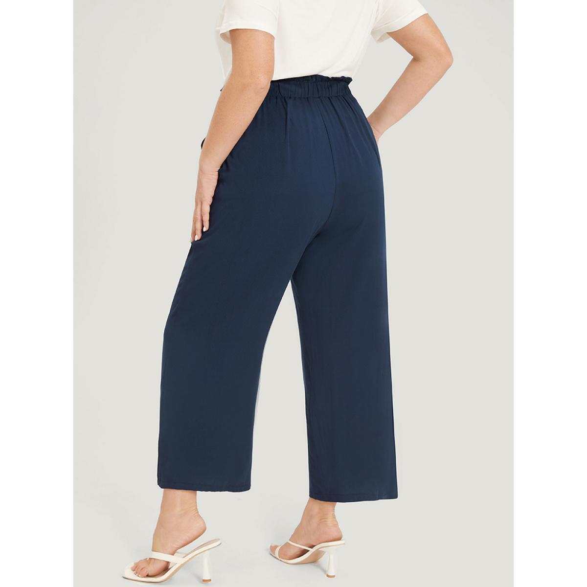 Plus Size Plain Pocket Paperbag Waist Button Detail Pants Women Indigo Elegant Straight Leg High Rise Dailywear Pants BloomChic 22-24/3X Product Image