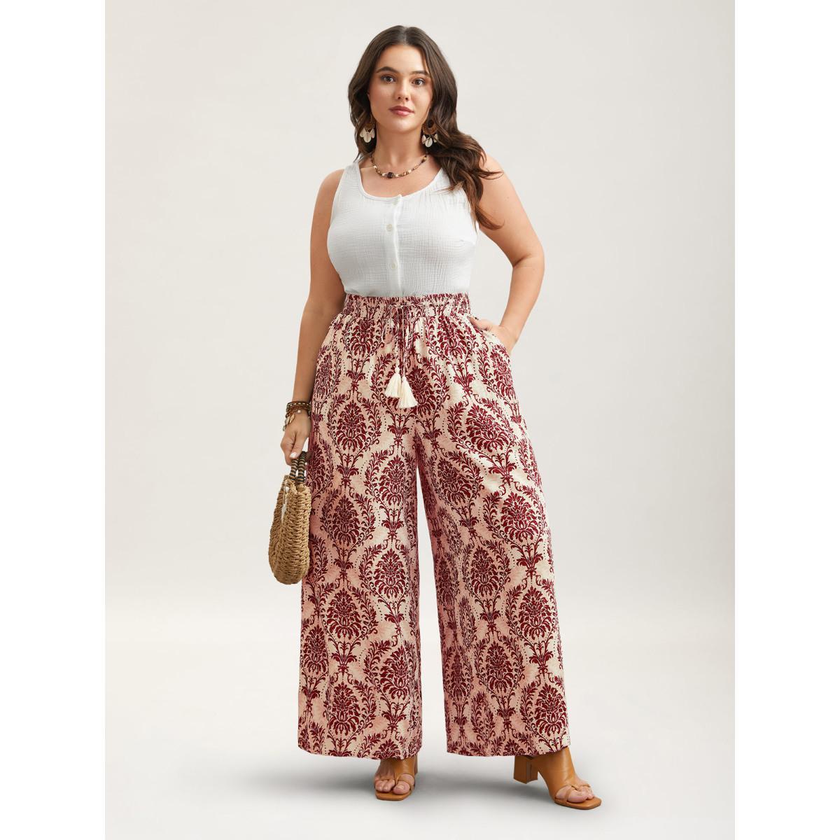 Plus Size Damask Print Tassel Straight-Leg Pants Women Scarlet Resort Wide Leg Mid Rise Vacation Pants BloomChic 22-24/3X Product Image