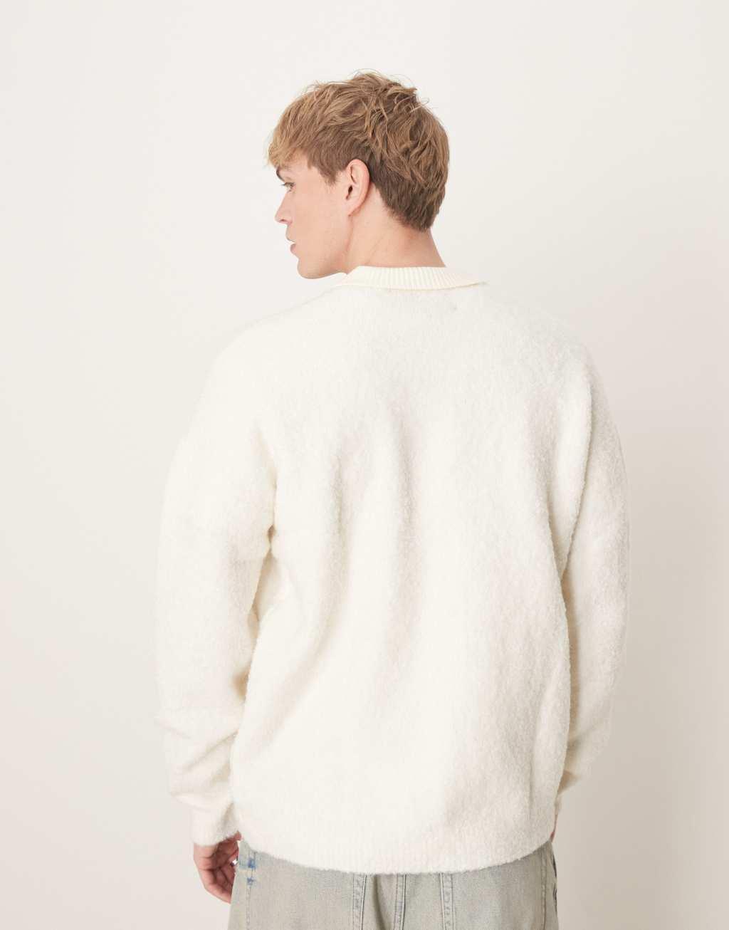 ASOS DESIGN knit relaxed rugby textured polo sweater in ecru Product Image