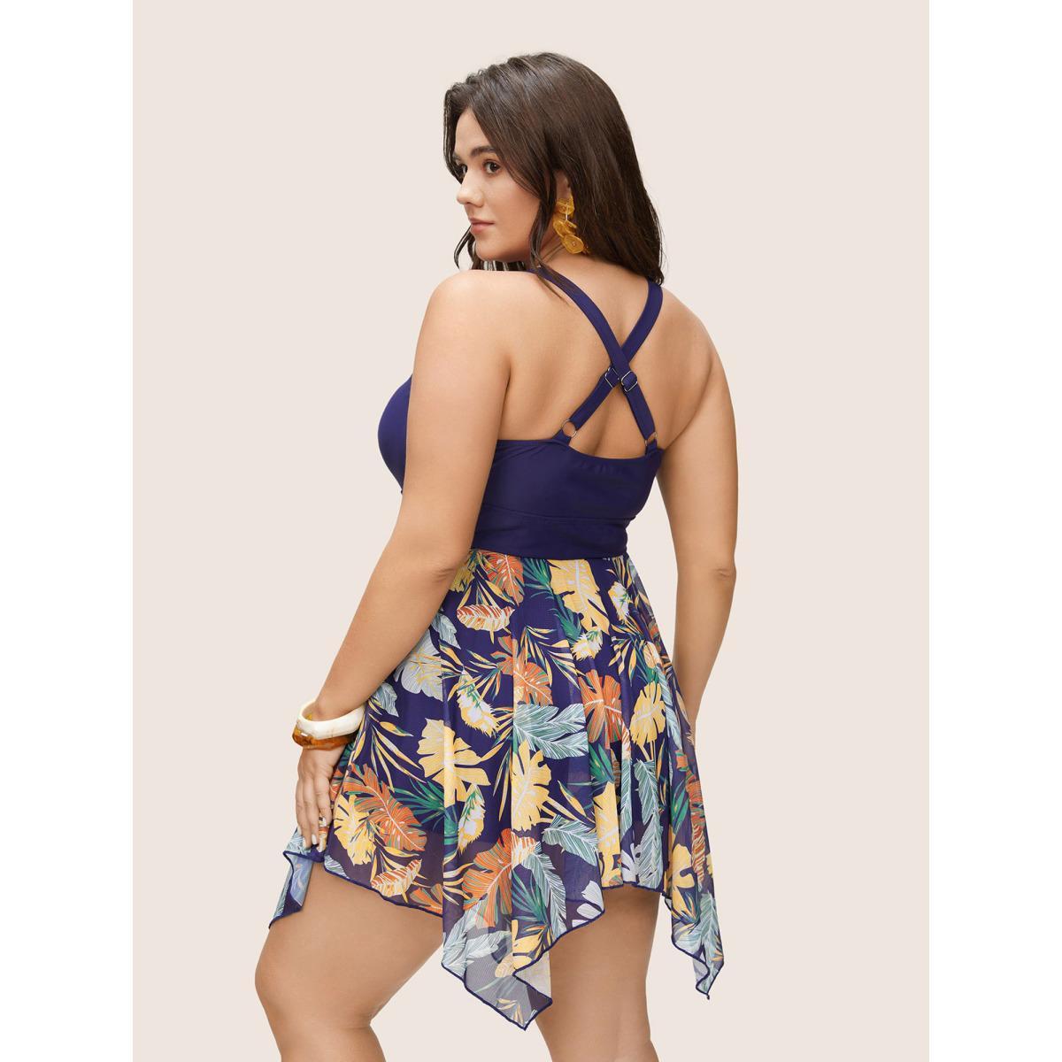Plus Size Tropical Print Patchwork Crisscross Hanky Hem Swim Dress Women's Swimwear Indigo Vacation Bodycon Overlap Collar High stretch Curve Swim Dresses BloomChic 12/L Product Image