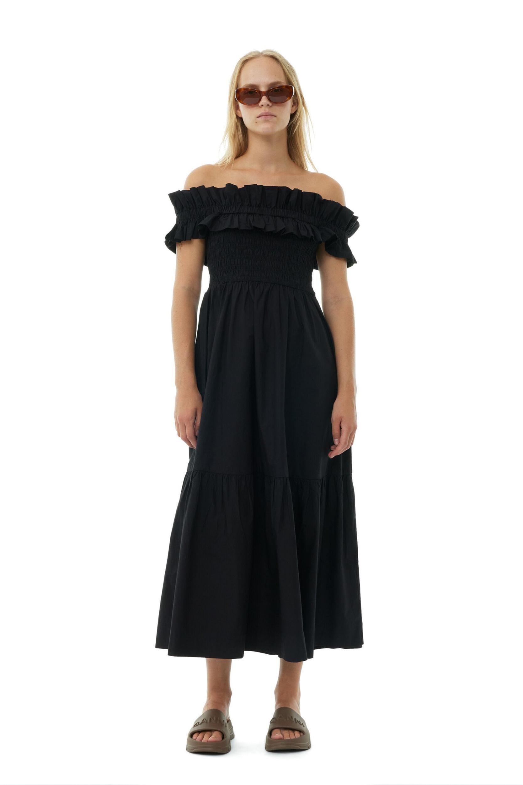 Black Cotton Poplin Long Smock Dress Product Image