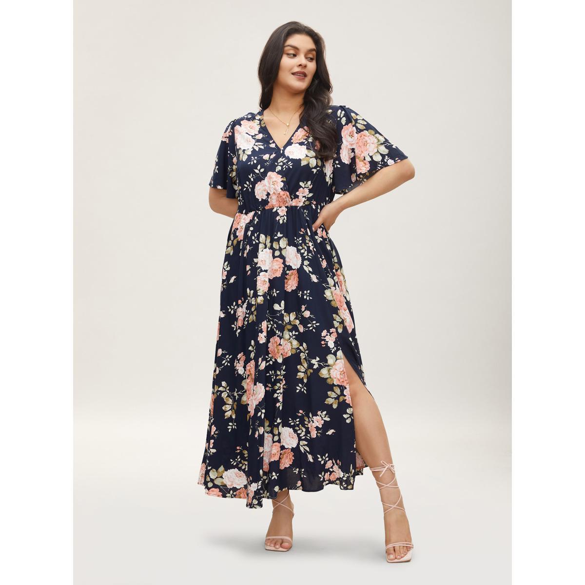 Ditsy Floral Printed Vintage Plus Size Women Vacation Long Dress Ruffle Sleeve Half Sleeve V Neck Pocket Elegance Dresses BloomChic Product Image