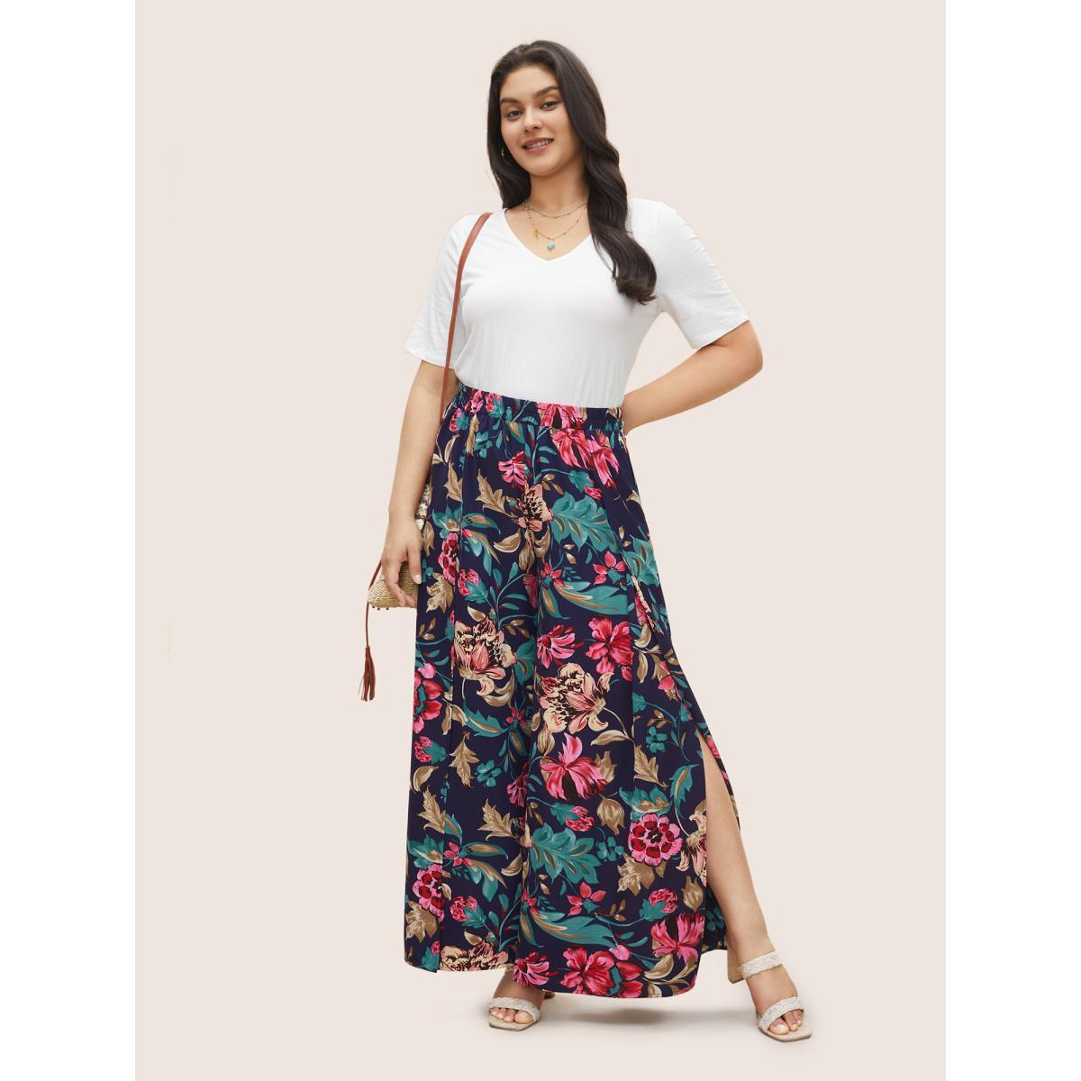 Plus Size Floral Elastic Waist Split Hem Wide Leg Pants Women Indigo Resort Wide Leg High Rise Vacation Pants BloomChic 12/L Product Image