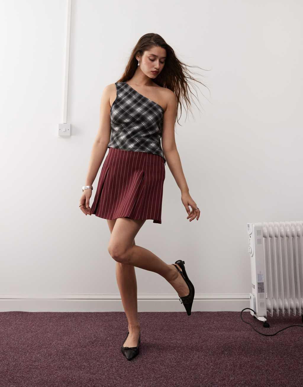 Reclaimed Vintage tailored skort in burgundy pinstripe Product Image