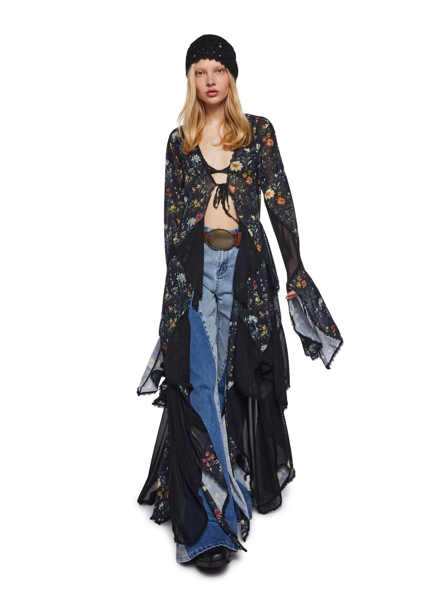 Womens Floral Print Mesh Godet Duster Current Mood - Multi Product Image