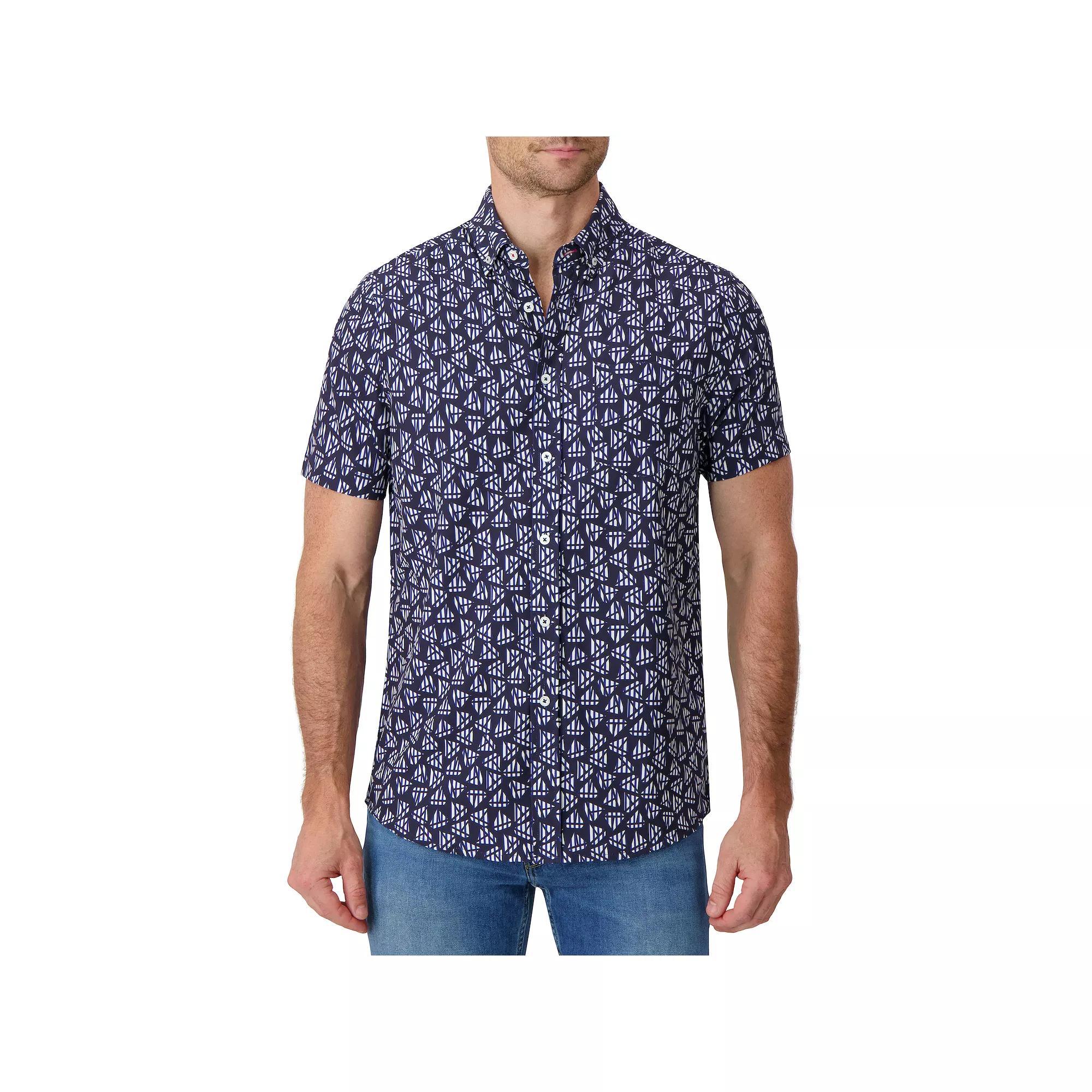 Men's Report Collection Short Sleeve Stretch Tropical Print Woven Button-Down Shirt, Size: Large, Blue Product Image