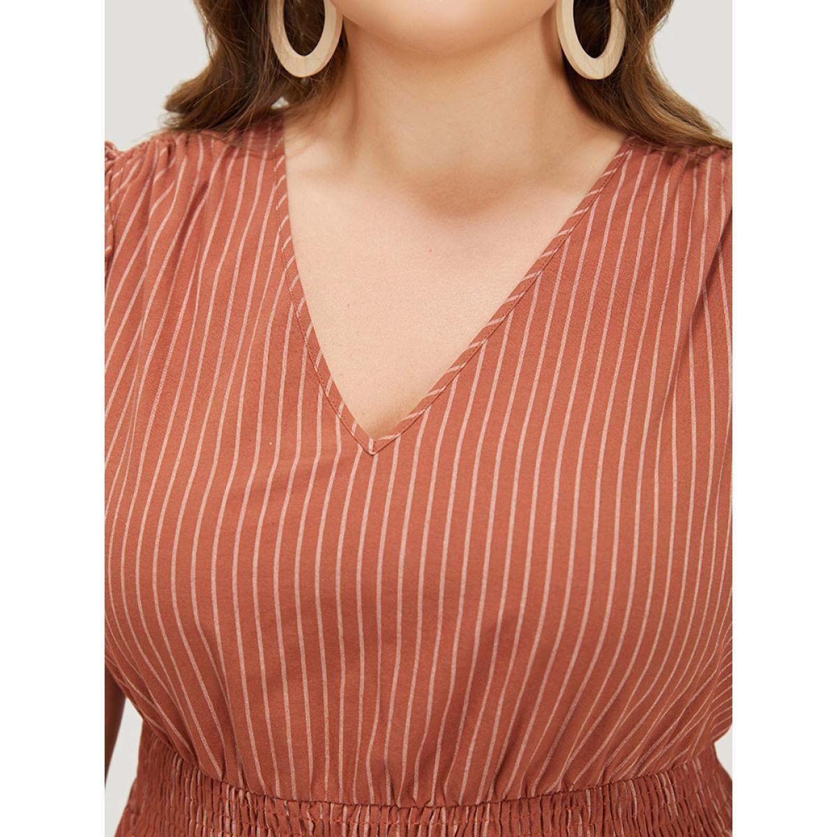 Plus Size Striped Print Pocket Shirred Drawstring Shoulder Dress Rust Women Vacation Contrast V-neck Sleeveless Curvy Midi Dress BloomChic 22-24/3X Product Image