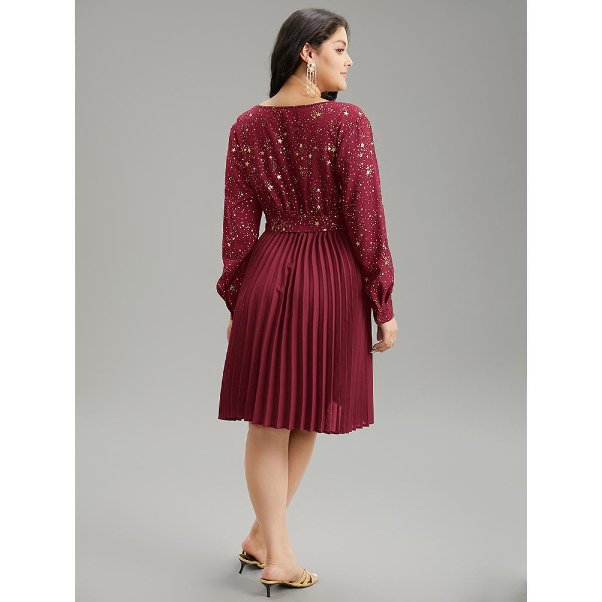 Plus Size Star Glitter Belted Pleated Wrap Dress Burgundy Women Cocktail Belted V-neck Long Sleeve Curvy Midi Dress BloomChic 26/4X Product Image