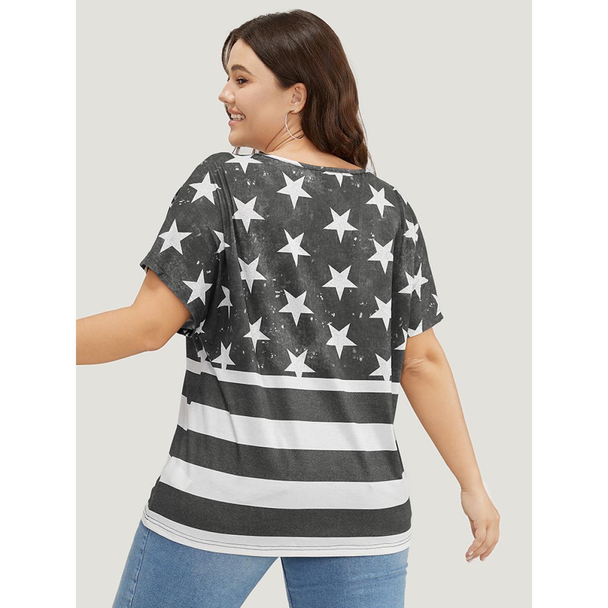 Plus Size Star & Striped Print Batwing Sleeve T-shirt DimGray Women Casual Moon and Star V-neck Everyday T-shirts BloomChic 30/6X Product Image