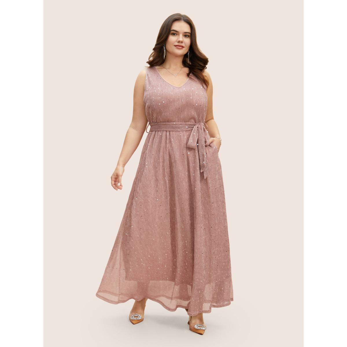 Plus Size Glitter Mesh V Neck Sleeveless Belted Dress Crepe Women Formal Texture V-neck Sleeveless Curvy BloomChic 14-16/1X Product Image
