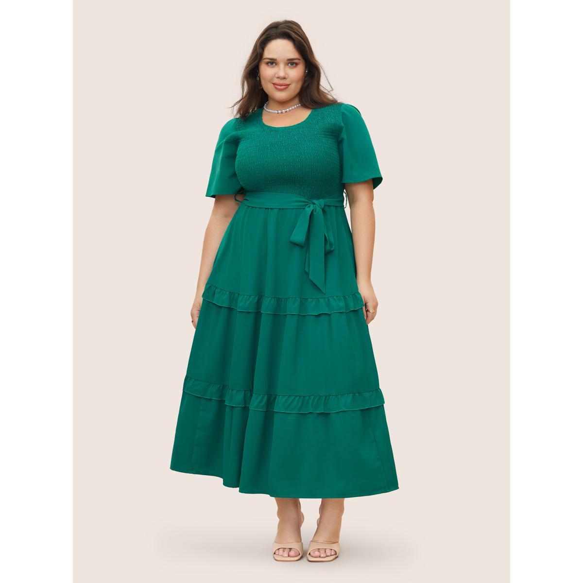 Plus Size Round Neck Solid Ruffles Shirred Belted Dress Emerald Women Elegant Frill Trim Round Neck Short sleeve Curvy BloomChic 30/6X Product Image