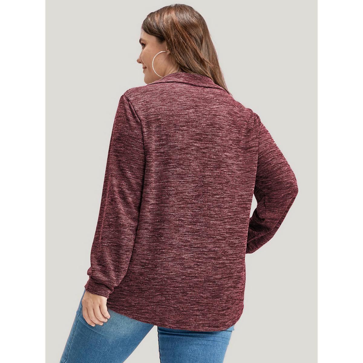 Plus Size Solid O Ring Zip Rib Knit Long Tee Burgundy Women Elegant Zipper Plain Lapel Collar Dailywear T-shirts BloomChic 26/4X Product Image