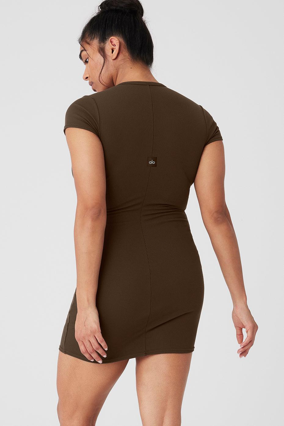 Goddess Ribbed Short Sleeve Dress - Espresso Product Image