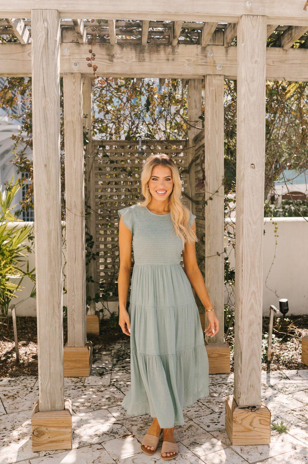 Sage Smock Tiered Midi Dress Product Image