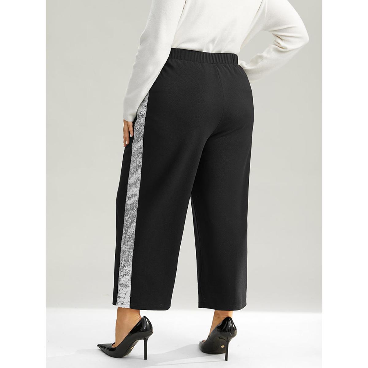 Plus Size Sequin Patchwork Pocket Wide Leg Pants Women Black Glamour Wide Leg High Rise Festival-Christmas Pants BloomChic 22-24/3X Product Image