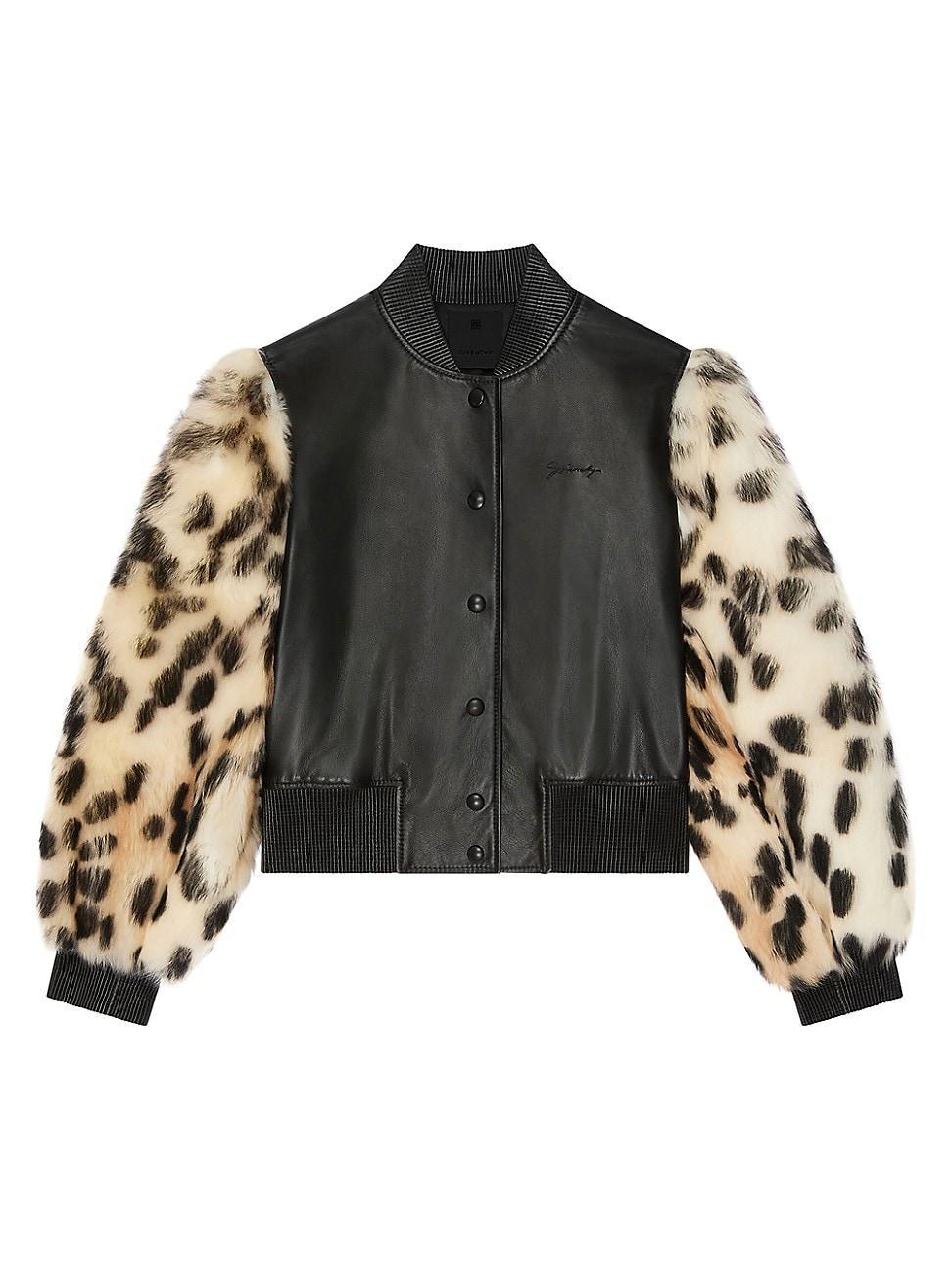 Womens Varsity Jacket in Leather and Leopard Print Fur Product Image