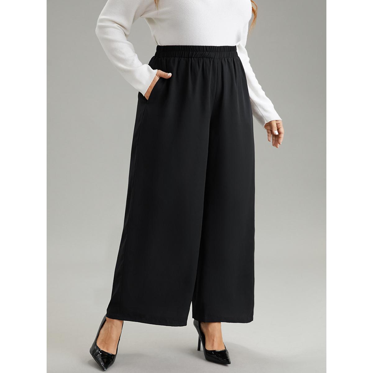 Plus Size Solid Chiffon Elastic Waist Wide Leg Pants Women Black Elegant Wide Leg High Rise Dailywear Pants BloomChic 28/5X Product Image