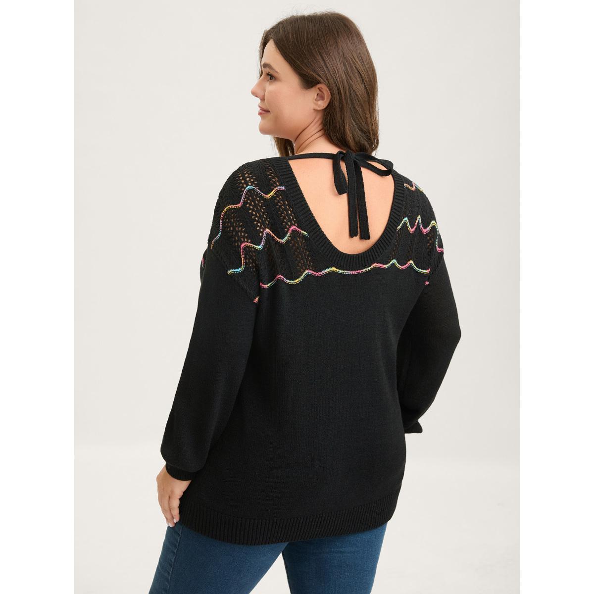 Plus Size Ripple Textured Sheer Neck Backless Pullover Black Women Loose Long Sleeve Round Neck Everyday-Casual Pullovers BloomChic 18-20/2X Product Image