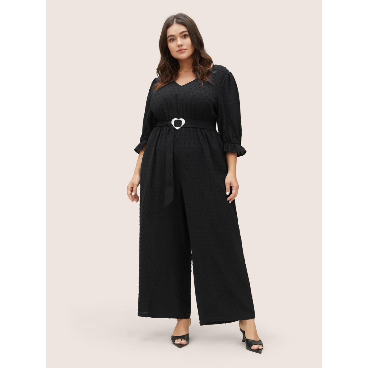 Plus Size Black Solid Texture Heart Buckle Detail Belted Jumpsuit Women Elegant Half Sleeve V-neck Everyday Loose Jumpsuits BloomChic 30/6X Product Image