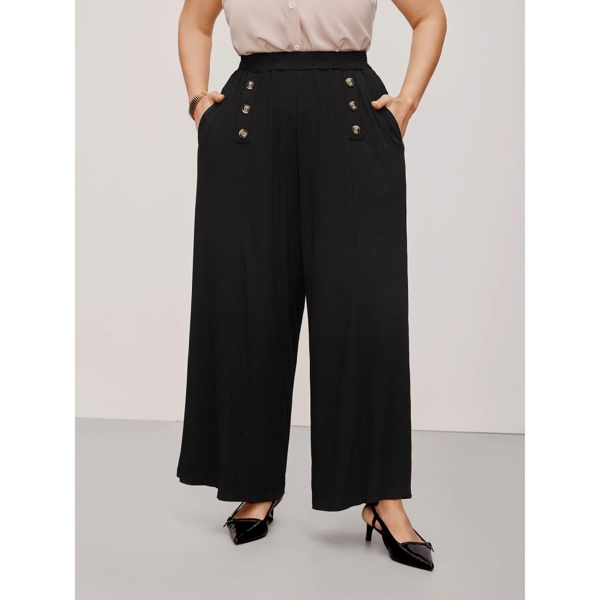 Plus Size Supersoft Essentials Button Detail Wide Leg Pants Women Black Elegant Wide Leg High Rise Everyday Pants BloomChic 10/M Product Image