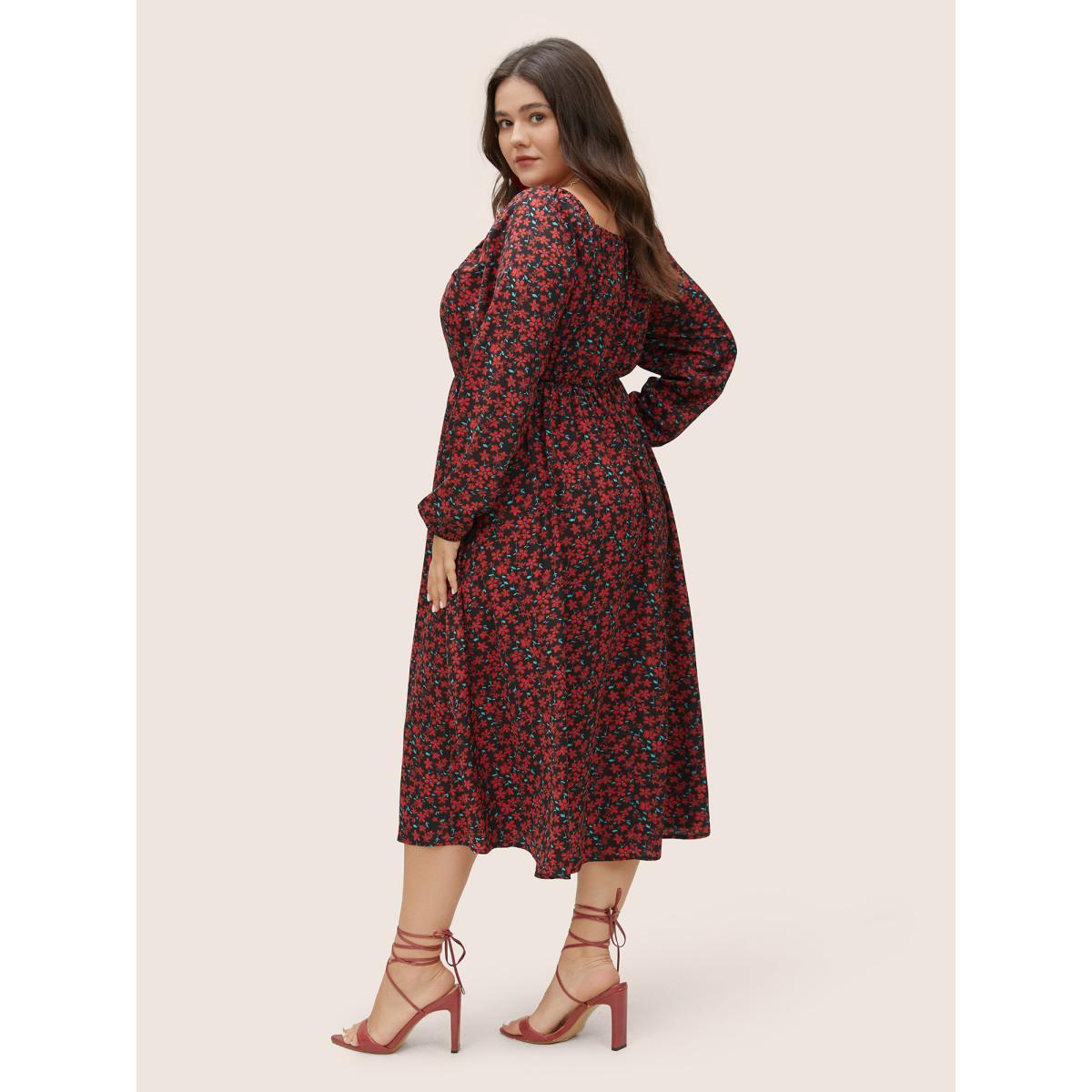 Plus Size Ditsy Floral Square Neck Split Side Dress Black Women Elegant Elastic cuffs Square Neck Long Sleeve Curvy Midi Dress BloomChic 26/4X Product Image