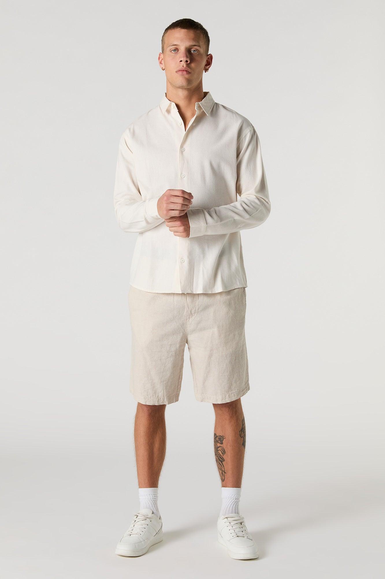 Linen-Blend Button-Up Long Sleeve Top Male Product Image