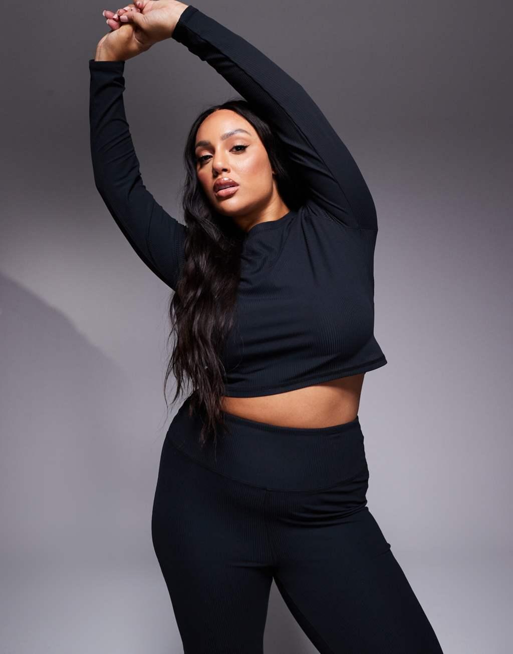 4505 Curve soft touch ribbed cropped long sleeve t-shirt in black  Product Image